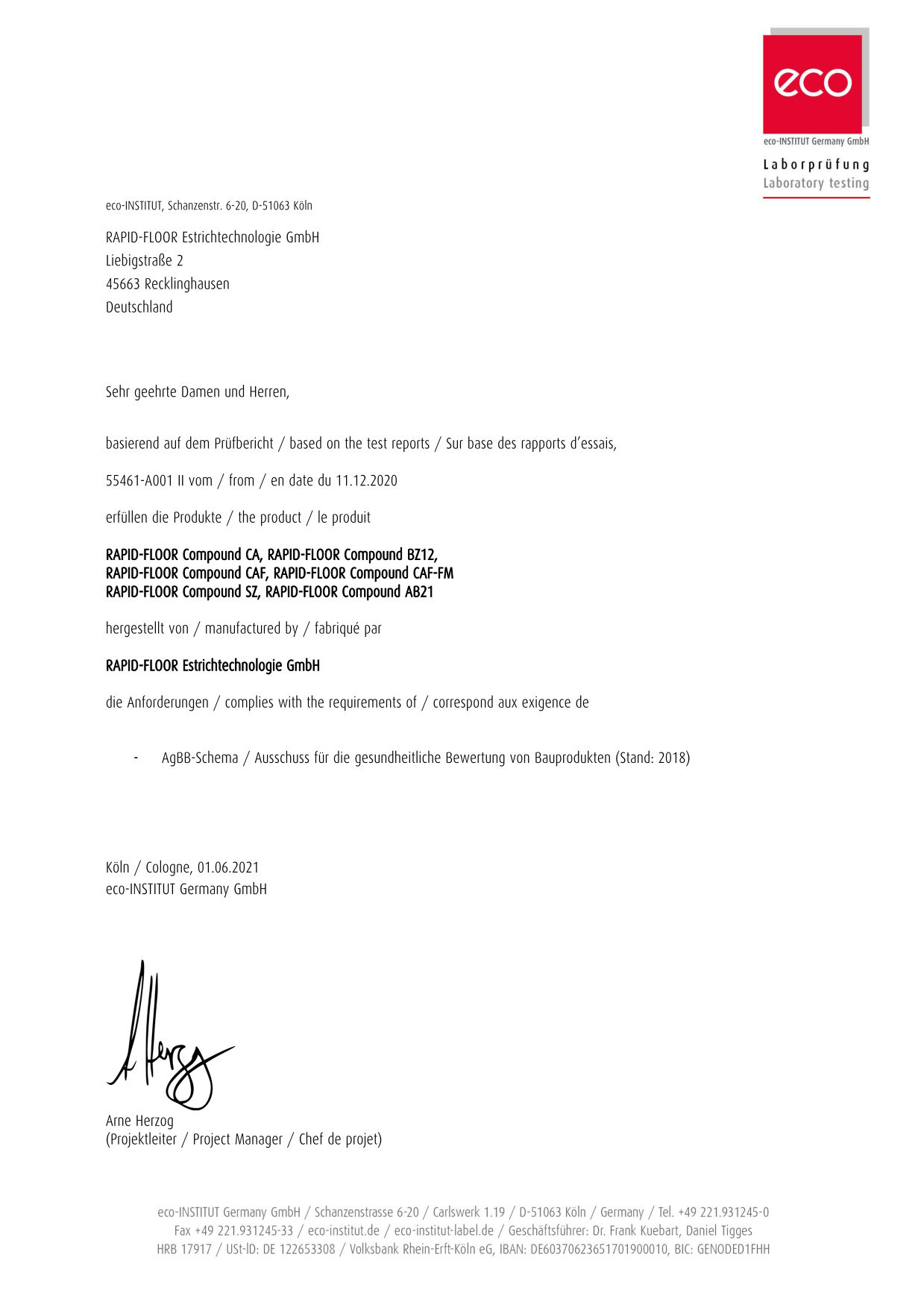 Zertifikat Eco Compounds Rapid Floor