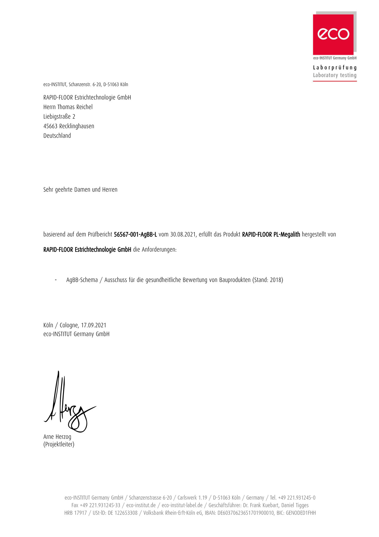 Zertifikat AgBB-Bescheinigung PL-Megalith Rapid Floor